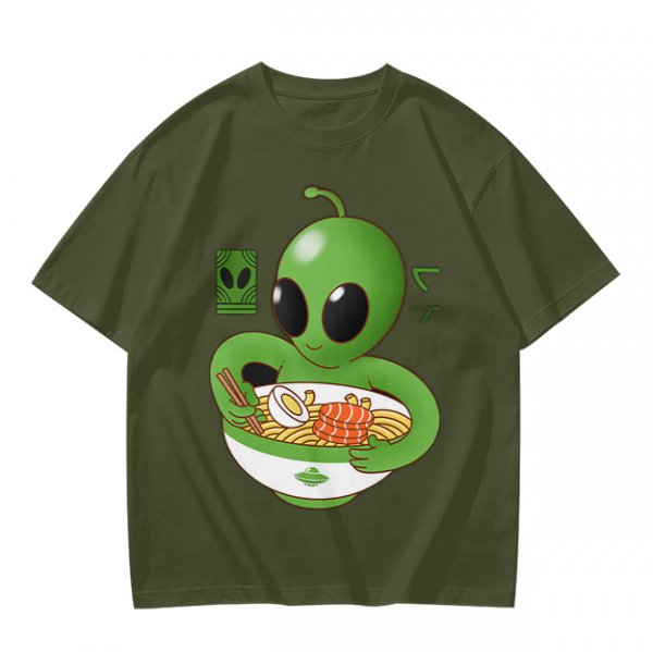 Olive Green T-Shirt With Cute Alien Eating Ramen Graphic