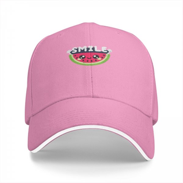 Black baseball cap with cute smiling watermelon and smile graphic