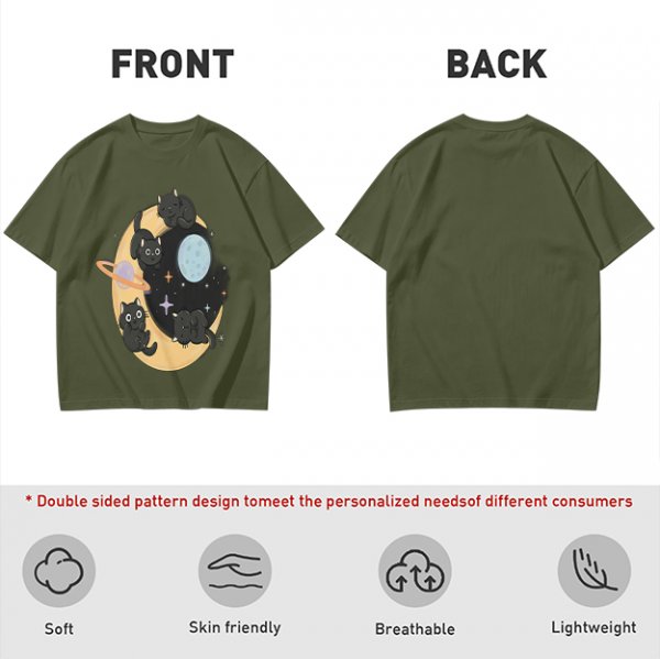 Olive T-Shirt With Black Cats On Crescent Moon Space Print