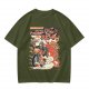 Olive green graphic tee with retro masked rider ramen motorcycle art
