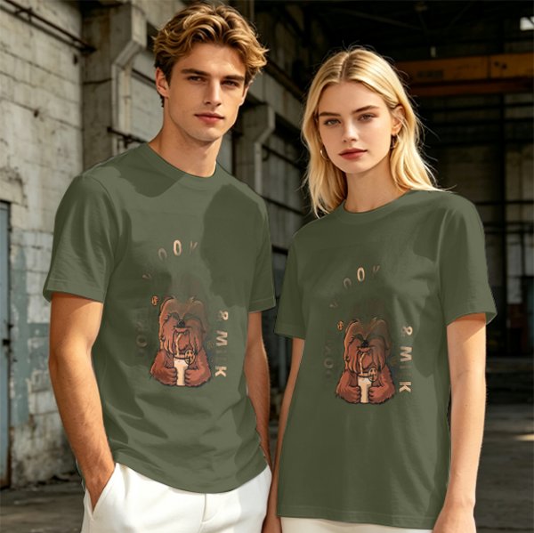 Olive T-Shirt with Chewbacca Drinking Boba Graphic
