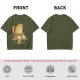 Olive T-Shirt With Cat Sitting On Pizza Pentagram Artwork