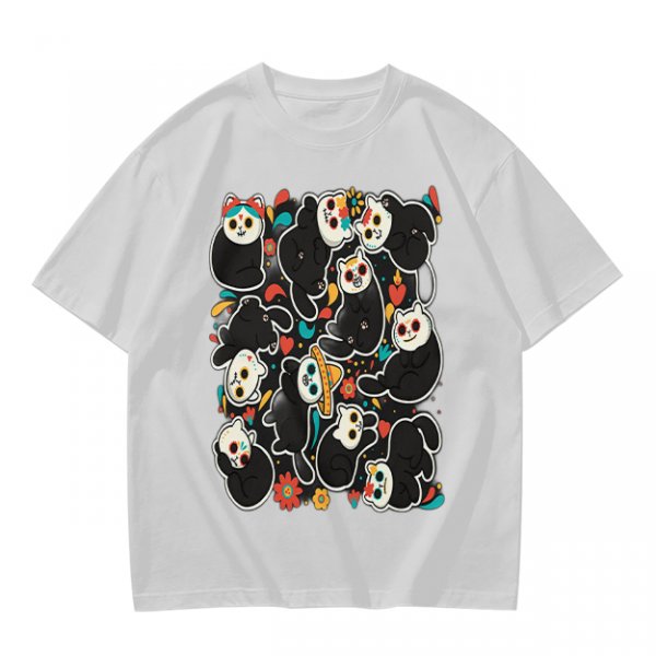 Olive T-Shirt With Day Of The Dead Cat Skull Graphic Print