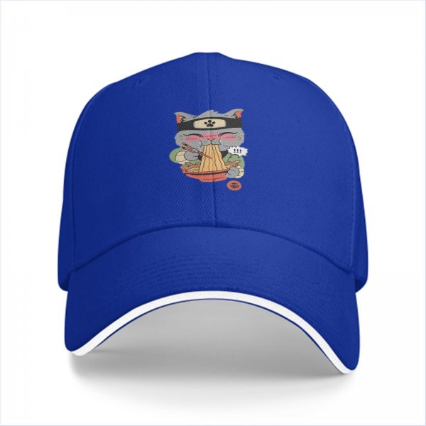 Black baseball cap with ninja cat eating ramen graphic