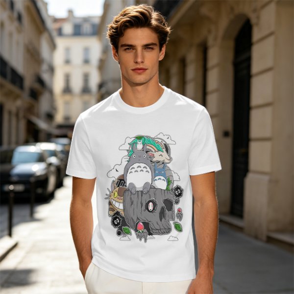 Olive T-shirt with Studio Ghibli Totoro and Spirited Away Characters Print