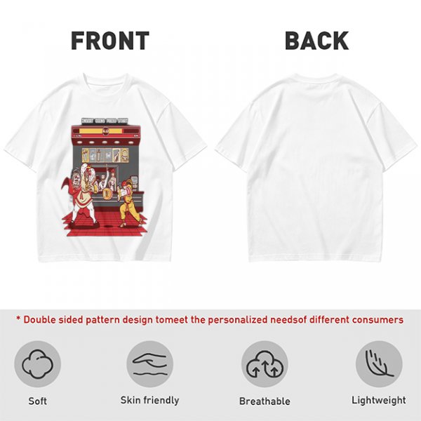 Olive T-shirt with Fast Food Themed Street Fighter Style Fight Artwork