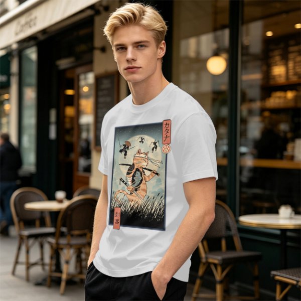 Samurai Cat Fighting Ninjas Ukiyo-e Style Graphic T-Shirt