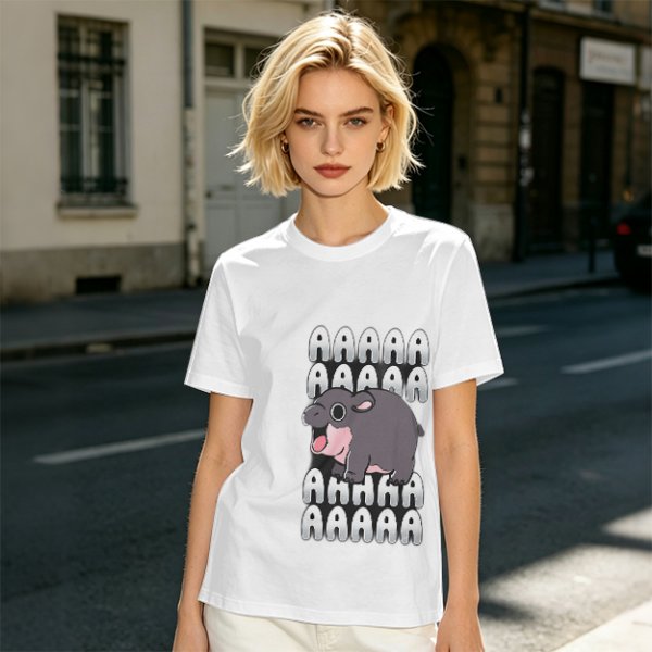 Olive t-shirt with screaming baby hippo and repeated A text