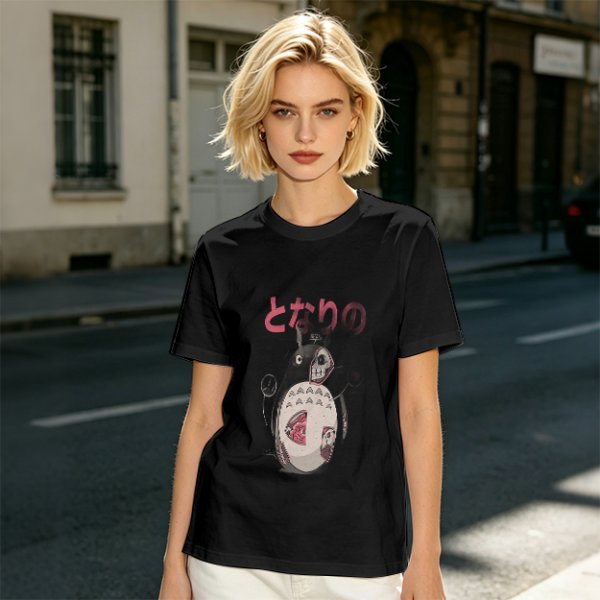 Olive T-shirt with horror stylized Totoro graphic and Japanese text