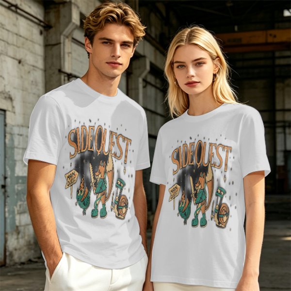 Olive t-shirt with Side Quest fantasy adventure graphic print