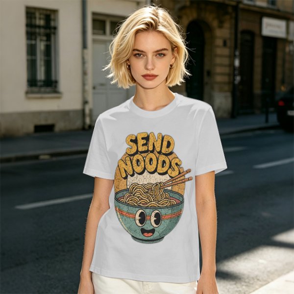 Olive Green T-Shirt With Retro Send Noods Ramen Bowl Graphic