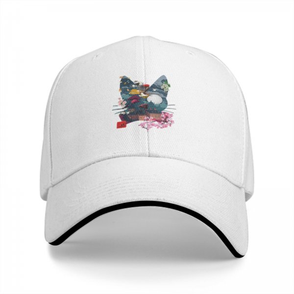 Black Baseball Cap With Cat Silhouette Cherry Blossom Landscape Art