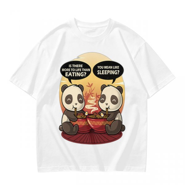 Olive t-shirt with pandas debating life beyond eating and sleeping