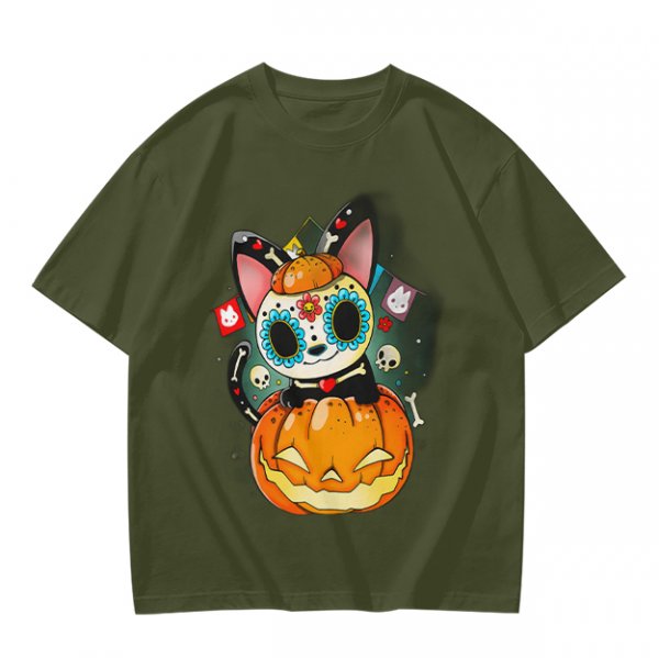 Olive t-shirt with sugar skull cat on jack-o'-lantern
