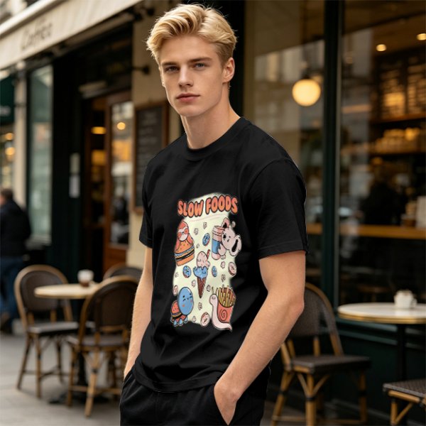 Olive green graphic t-shirt with slow foods animal fast food mashup print