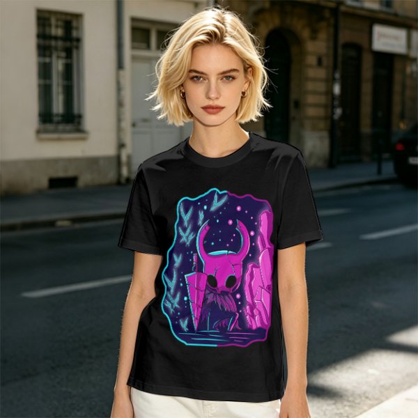Olive Green T-Shirt With Neon Hollow Knight Character Art