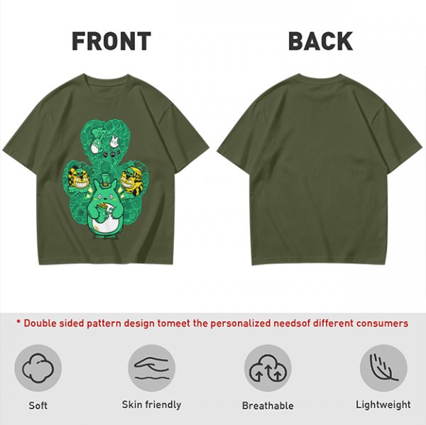 Olive Green T-Shirt With Studio Ghibli Clover Graphic Print