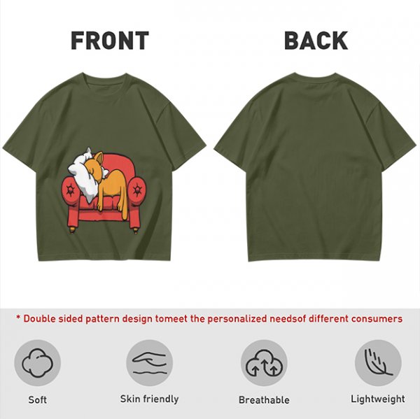 Olive green t-shirt with a sleeping orange cat on a red armchair print