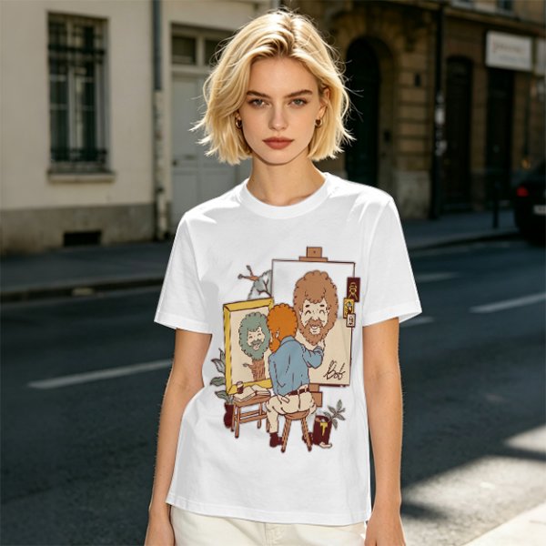 Olive Green T-Shirt With Cartoon Artist Painting Self Portrait Artwork