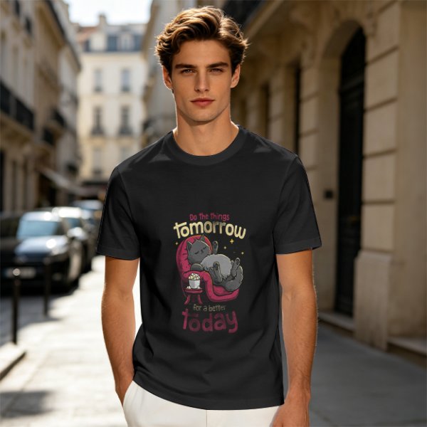 Olive T-Shirt With Relaxed Cat 'Tomorrow For A Better Today' Print