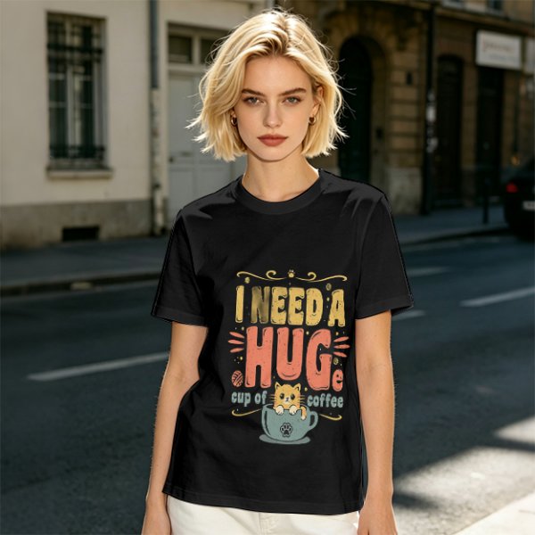 I Need a Huge Cup of Coffee Cat Graphic T-Shirt
