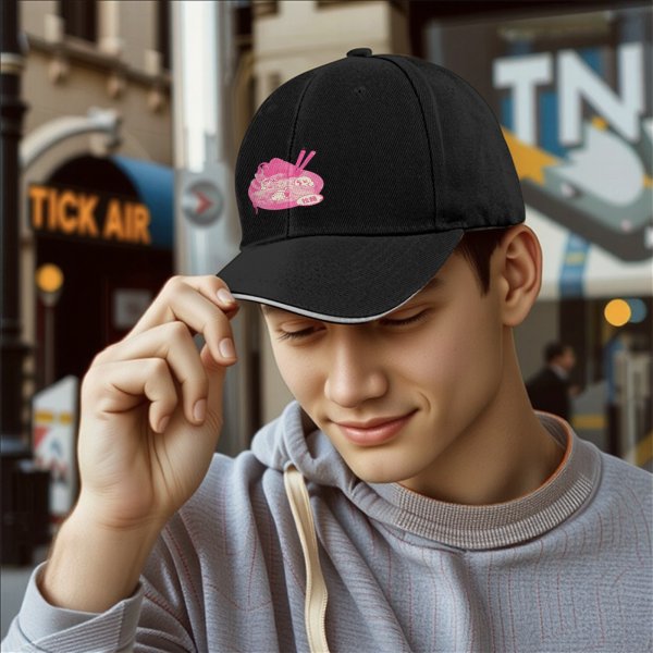 Black baseball cap with pink ramen bowl graphic design