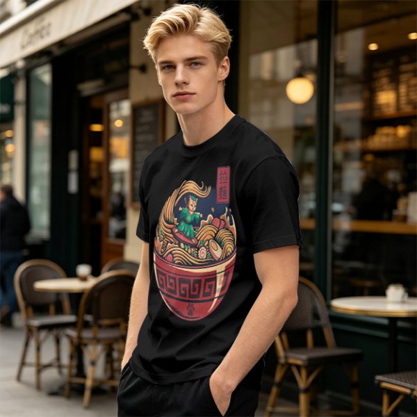 Olive T-shirt with Samurai Cat Surfing Ramen Bowl Art