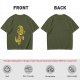 Olive T-shirt with a grumpy cartoon dinosaur holding a coffee mug