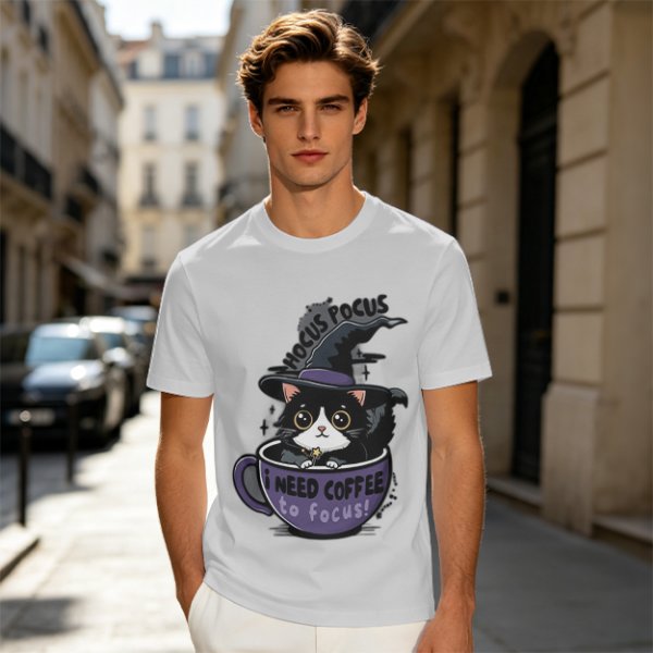 Olive t-shirt with witch cat in coffee cup 'Hocus Pocus I Need Coffee'