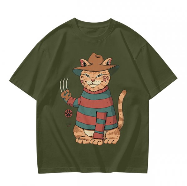 Olive T-Shirt With Freddy Krueger Themed Cat Graphic