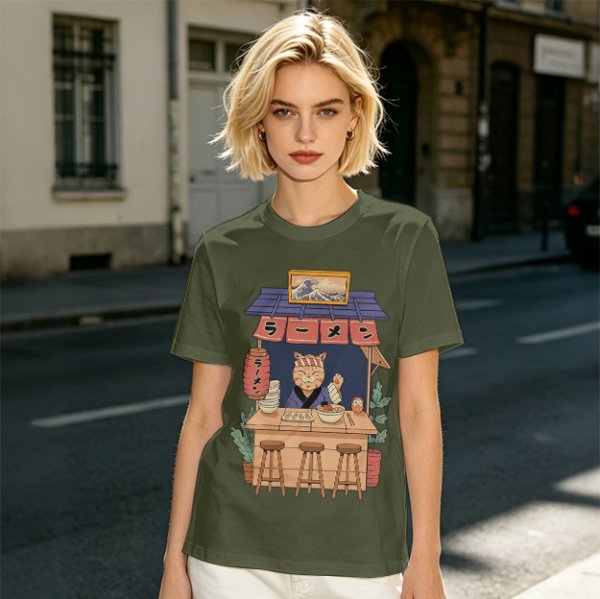 Olive T-Shirt with Cat Ramen Shop Artwork