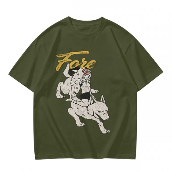 Olive graphic t-shirt with wolf rider and 'Fore' text print