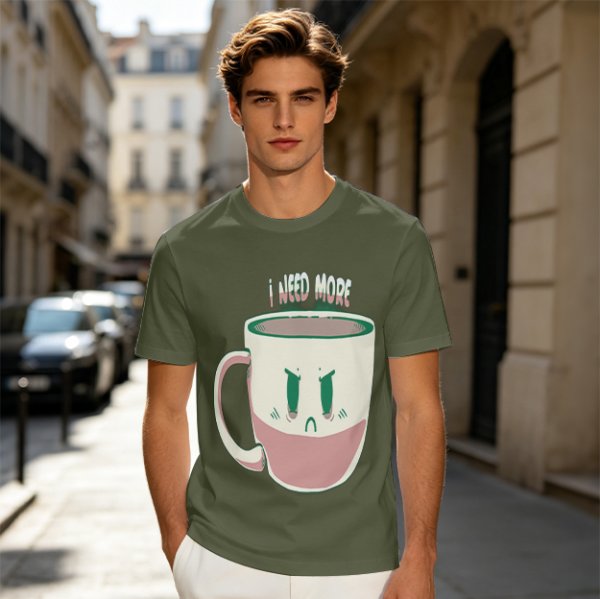Olive Graphic Tee With Angry Coffee Cup I Need More Print