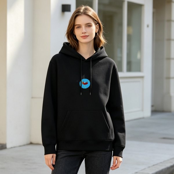 Black Hoodie With Cute Blue Cartoon Face Graphic