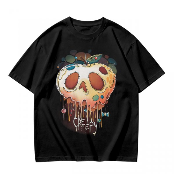 Olive Green T-Shirt With Creepy Melting Skull Apple Graphic