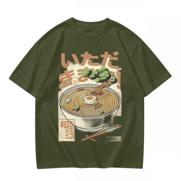 Olive green t-shirt with zen ramen bowl and bonsai tree print