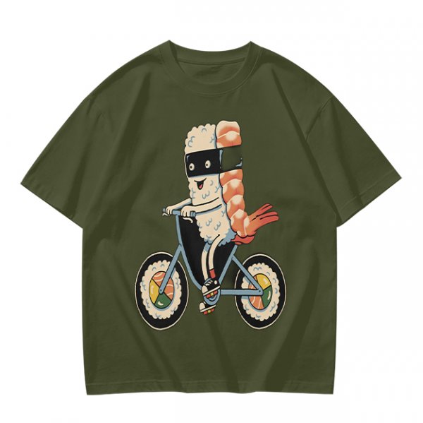 Olive T-Shirt With Sushi Ninja Riding Bicycle Print