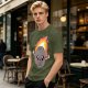 Olive green t-shirt with cute cartoon flaming asteroid graphic