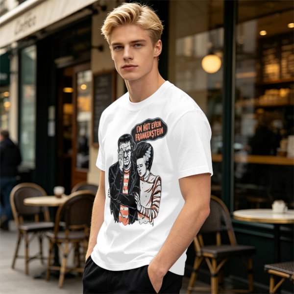Olive T-shirt with Frankenstein and Bride 'I'm Not Even Frankenstein' Print