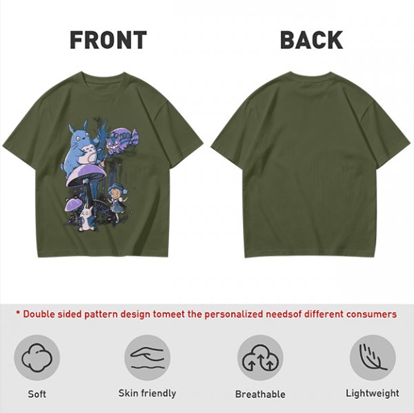 Olive T-Shirt with Whimsical Fantasy Creature and Character Print