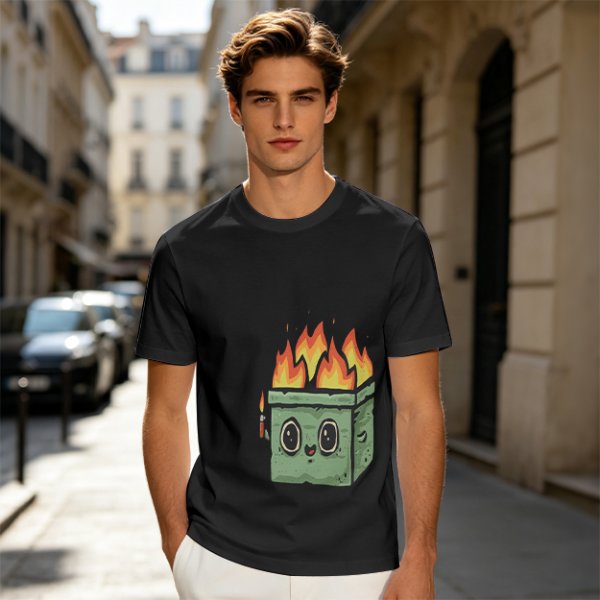 Olive green t-shirt with a cartoon burning box graphic