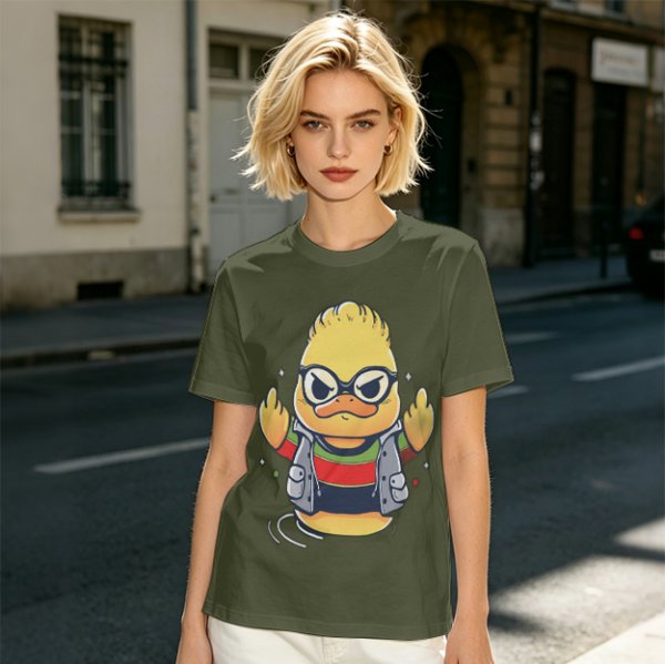 Olive T-shirt with Cool Stylized Duck Graphic Print