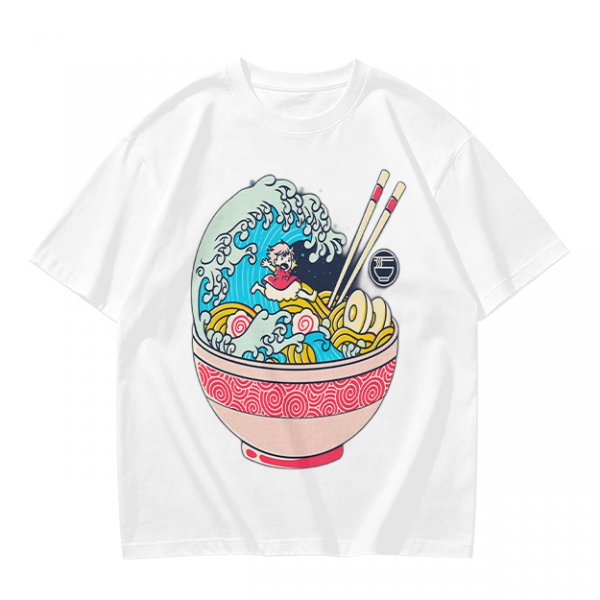 Olive T-shirt with Great Wave Ramen Bowl Graphic Design