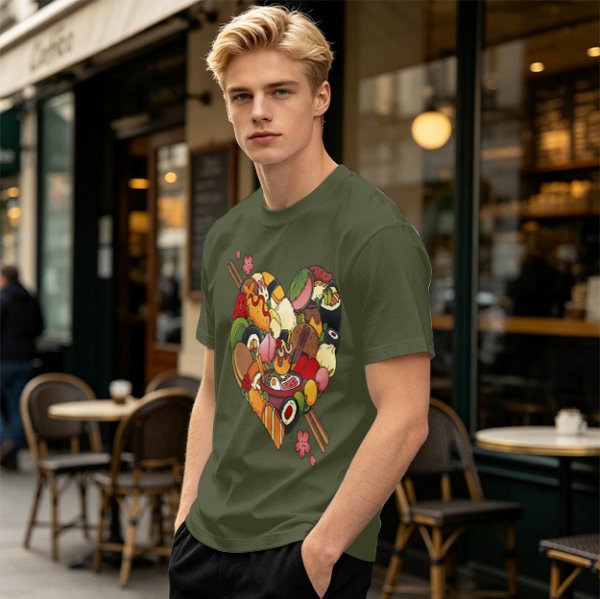Olive T-Shirt With Heart Shaped Sushi Food Art Print