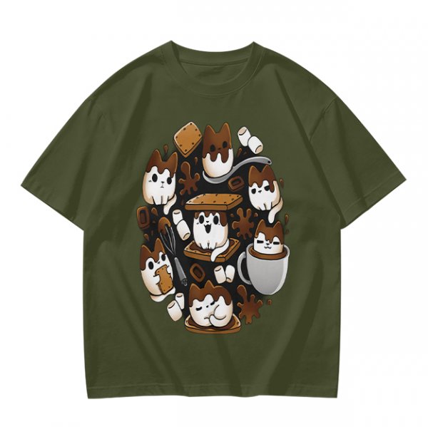 Olive T-Shirt With Cute S'mores Cat Graphic Design