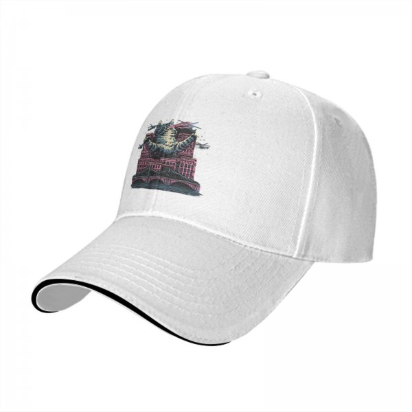 Black Baseball Cap With Giant Monster Cat Cityscape Art Print