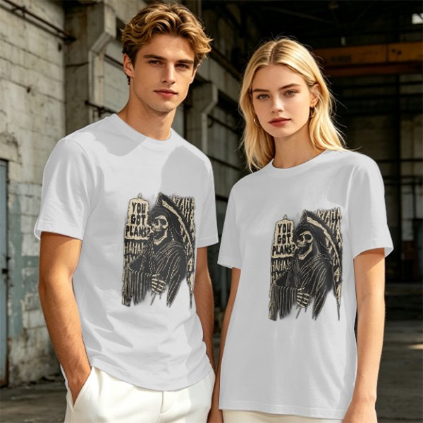 Olive graphic t-shirt with grim reaper and 'You Got Plans?' print