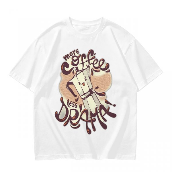 Olive t-shirt with 'More Coffee Less Drama' and moka pot graphic