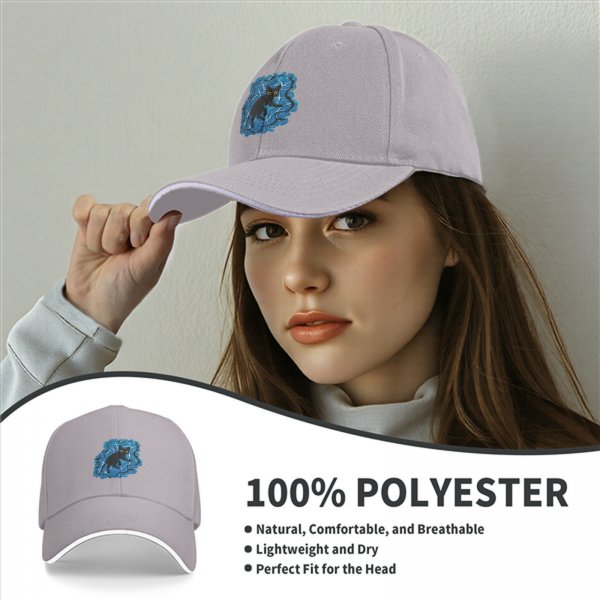 Black Baseball Cap With Playful Black Cat On Blue Abstract Background