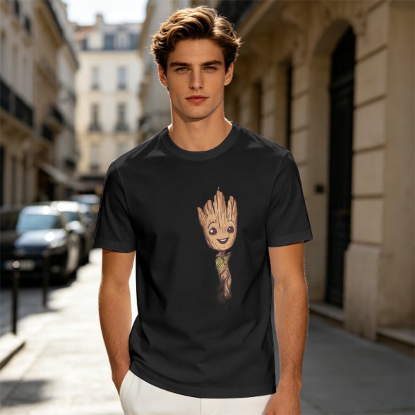 Olive Green T-Shirt with Smiling Baby Groot Graphic